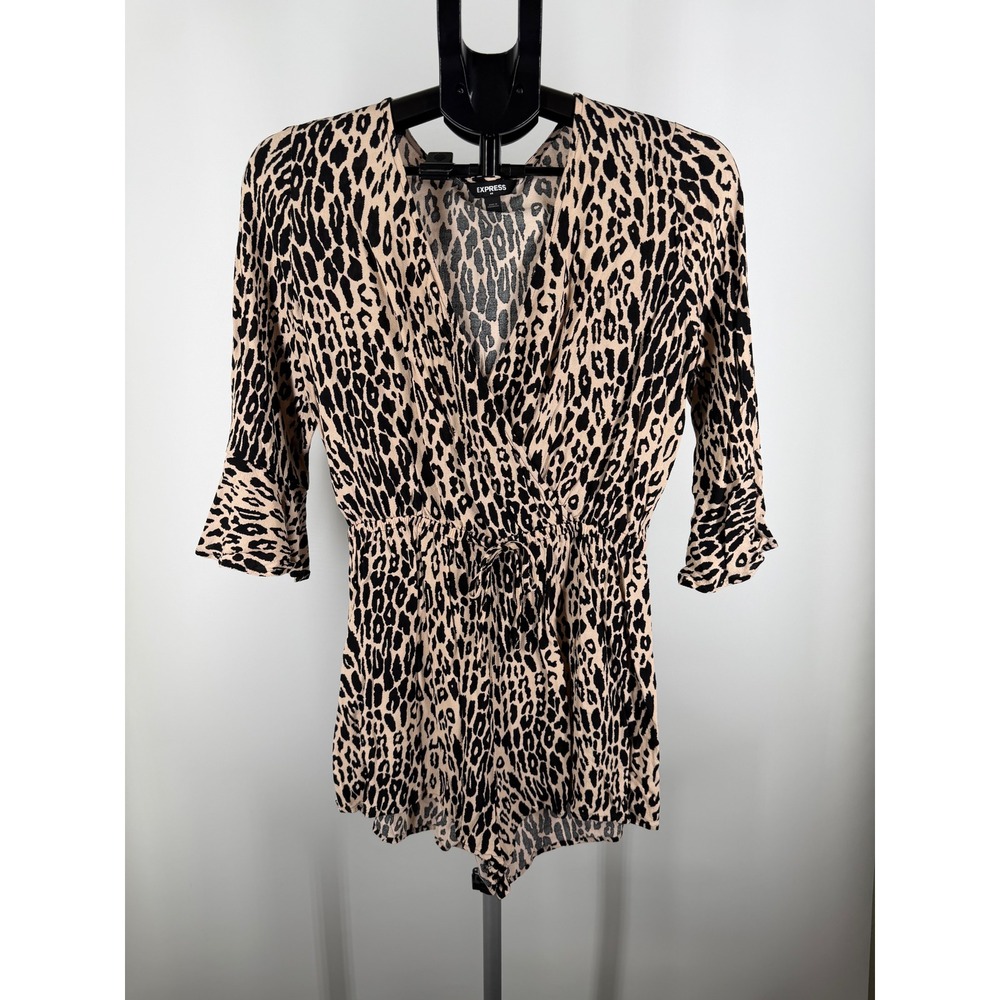 Express‎ Leopard Print Wrap Front Romper Tan Black Small Ruffle Sleeve V-Neck S